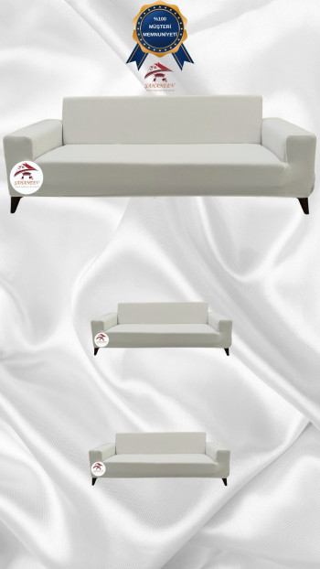 Mikro Kumaş Lastikli Giydirme Koltuk Örtüsü - Kaymaz Elastik Koltuk Koruyucu Krem Renk 3+2+2 (3 Parça Set)