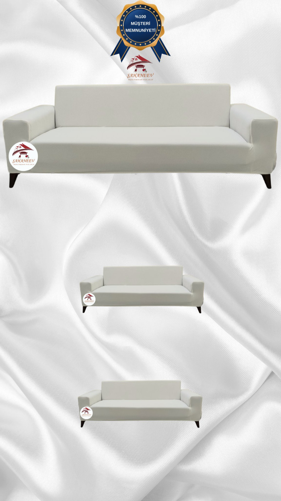 Mikro Kumaş Lastikli Giydirme Koltuk Örtüsü - Kaymaz Elastik Koltuk Koruyucu Krem Renk 3+2+2 (3 Parça Set)