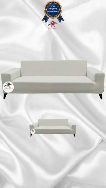 Mikro Kumaş Lastikli Giydirme Koltuk Örtüsü - Kaymaz Elastik Koltuk Koruyucu Krem Renk 3+2 (2 Parça Set)