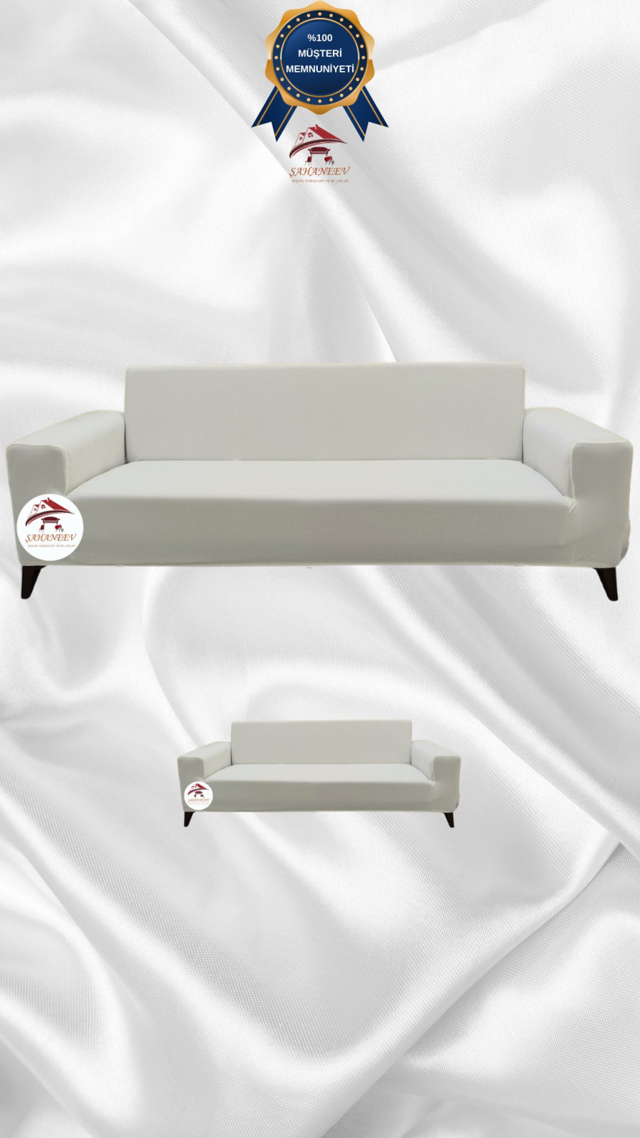 Mikro Kumaş Lastikli Giydirme Koltuk Örtüsü - Kaymaz Elastik Koltuk Koruyucu Krem Renk 3+2 (2 Parça Set)