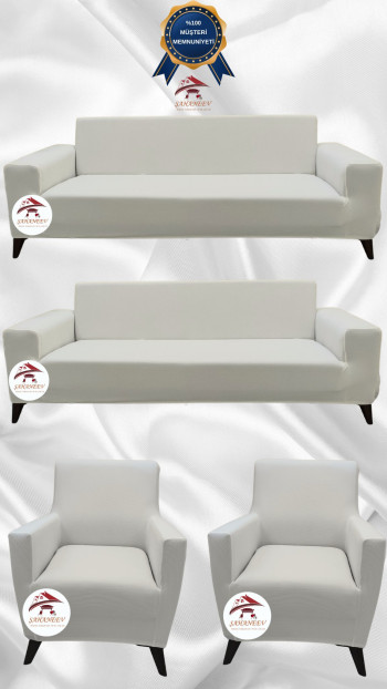 Mikro Kumaş Lastikli Giydirme Koltuk Örtüsü - Kaymaz Elastik Koltuk Koruyucu Krem Renk 3+3+1+1 (4 Parça Set)