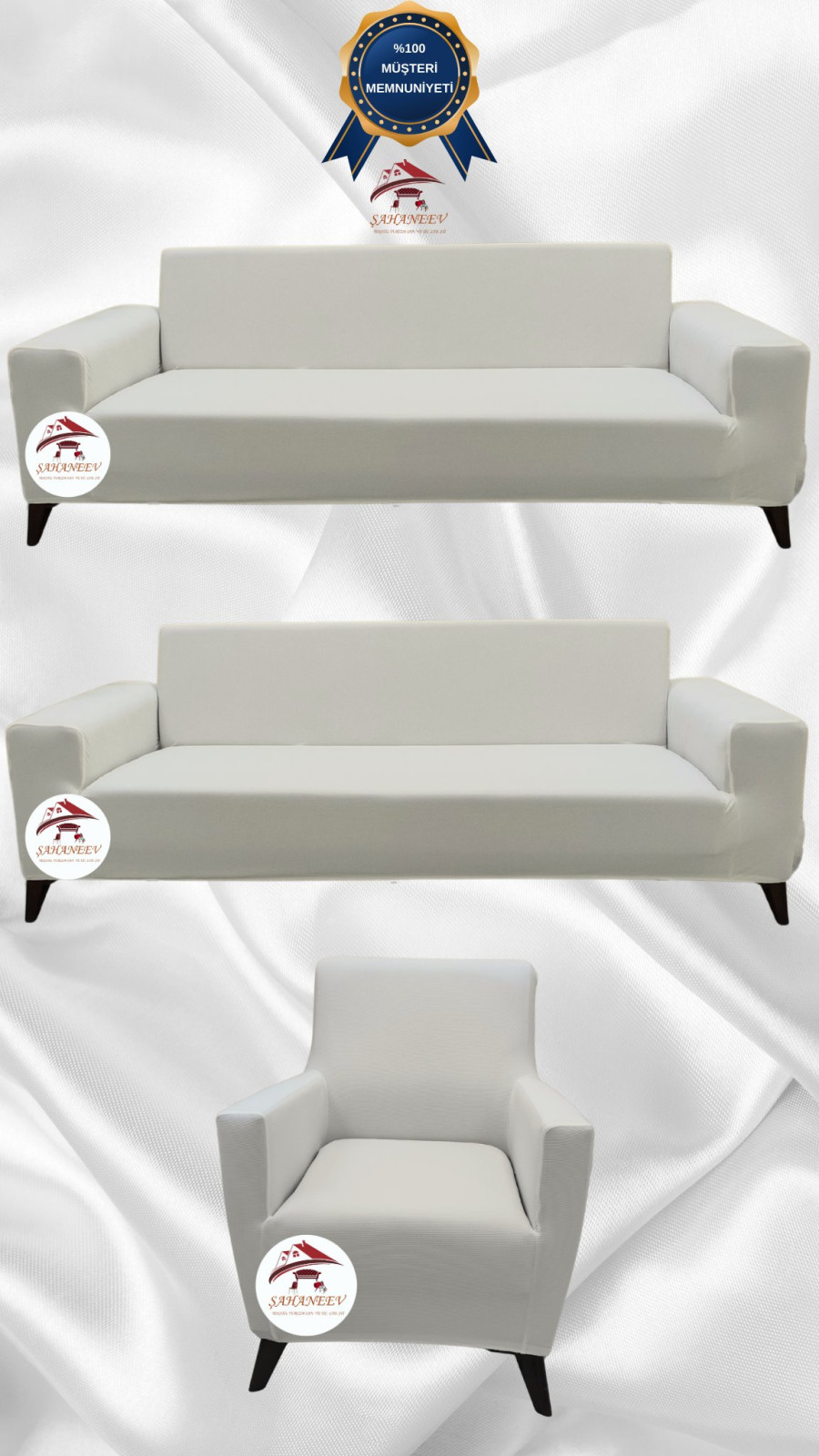 Mikro Kumaş Lastikli Giydirme Koltuk Örtüsü - Kaymaz Elastik Koltuk Koruyucu Krem Renk 3+3+1 (3 Parça Set)