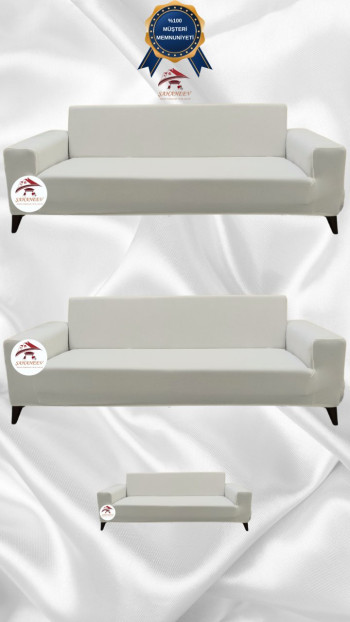 Mikro Kumaş Lastikli Giydirme Koltuk Örtüsü - Kaymaz Elastik Koltuk Koruyucu Krem Renk 3+3+2 (3 Parça Set)