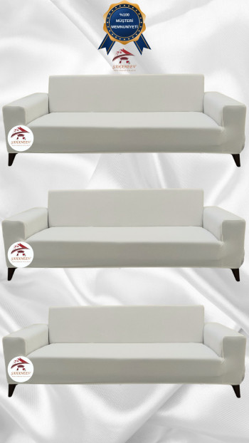 Mikro Kumaş Lastikli Giydirme Koltuk Örtüsü - Kaymaz Elastik Koltuk Koruyucu Krem Renk 3+3+3 (3 Parça Set)