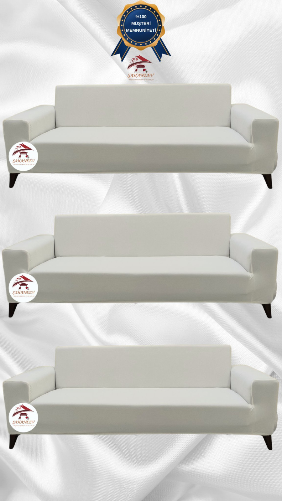 Mikro Kumaş Lastikli Giydirme Koltuk Örtüsü - Kaymaz Elastik Koltuk Koruyucu Krem Renk 3+3+3 (3 Parça Set)