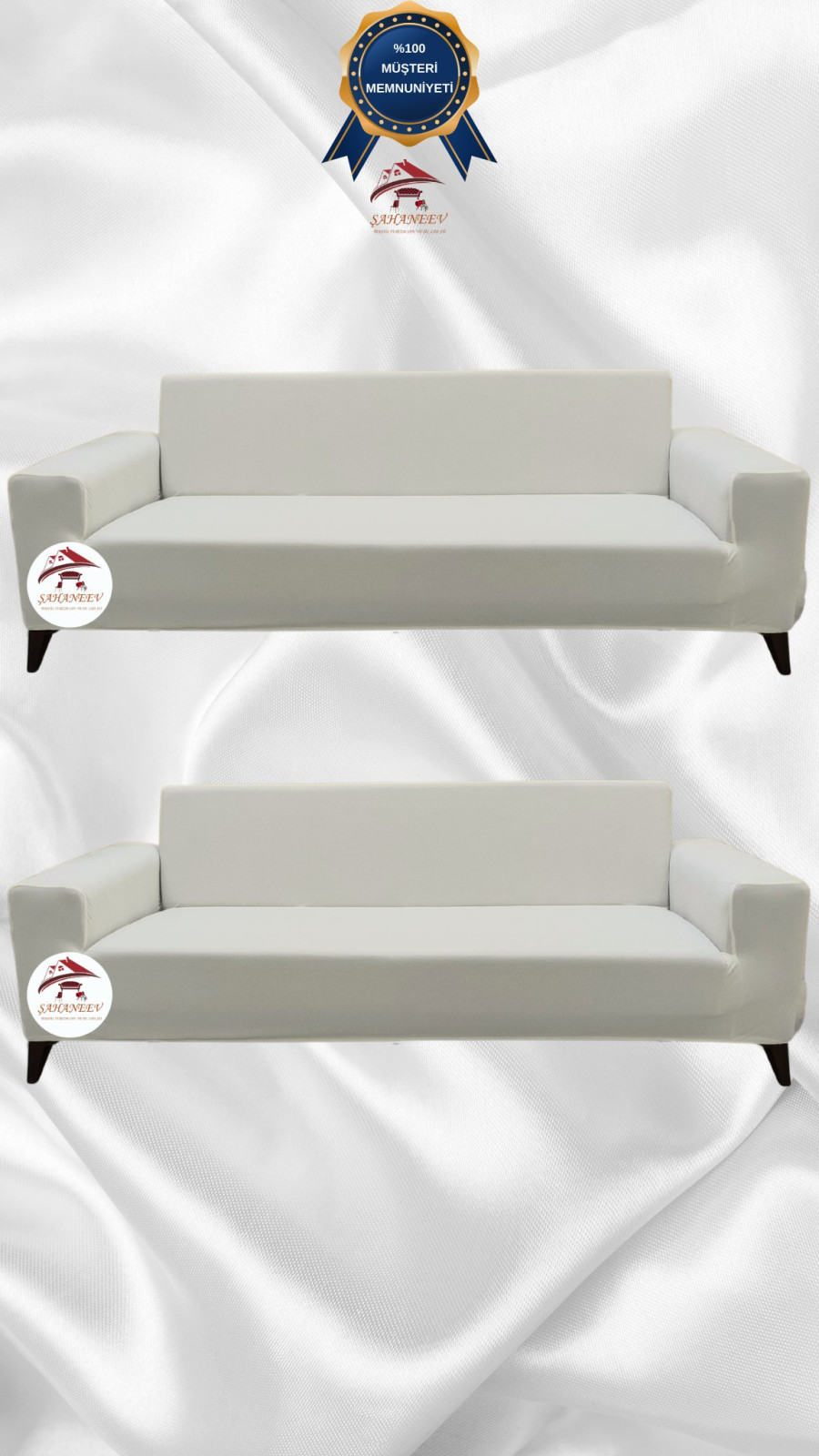 Mikro Kumaş Lastikli Giydirme Koltuk Örtüsü - Kaymaz Elastik Koltuk Koruyucu Krem Renk 3+3 (2 Parça Set)