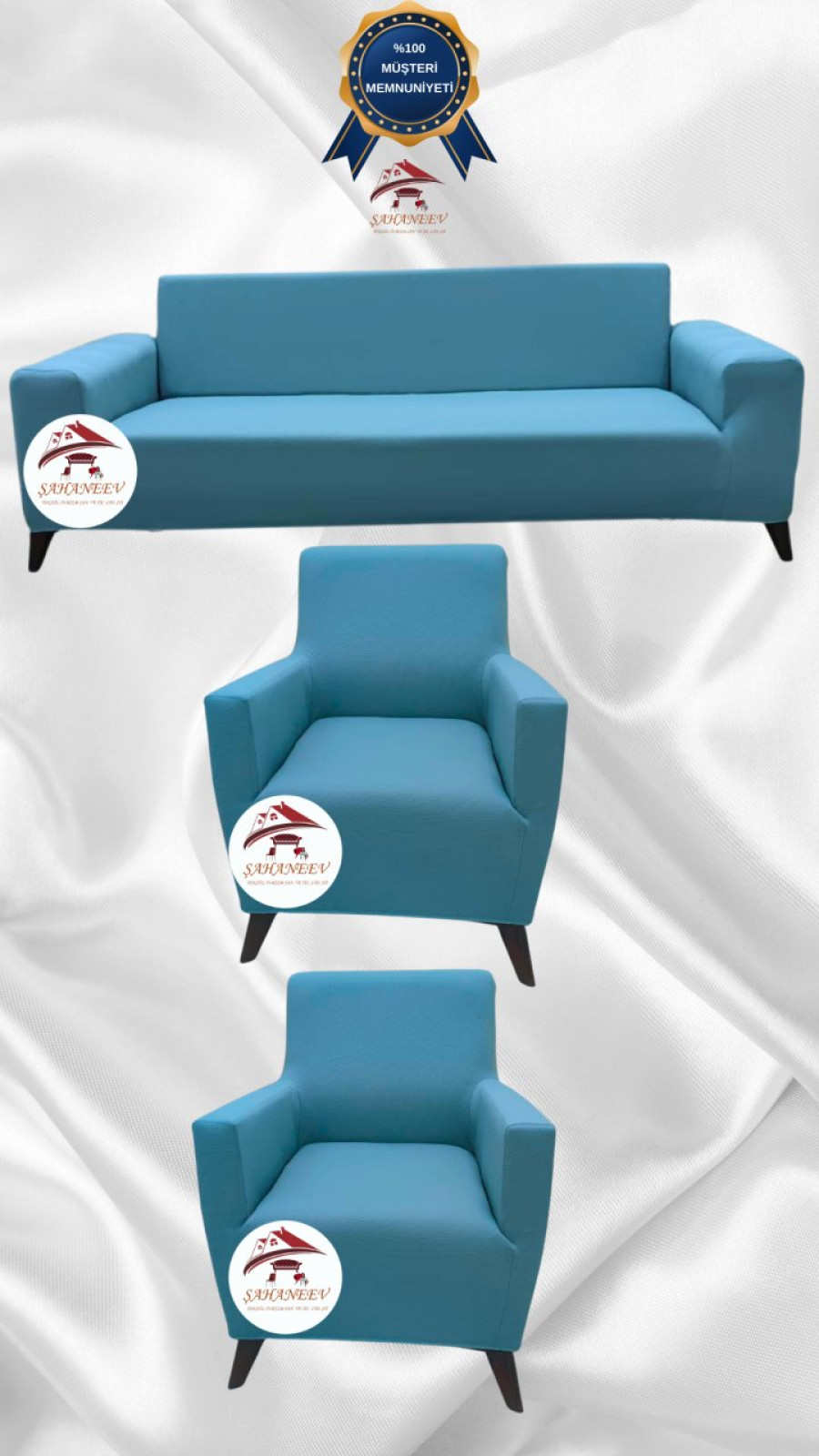 Mikro Kumaş Lastikli Giydirme Koltuk Örtüsü - Kaymaz Elastik Koltuk Koruyucu Mavi Renk 3+1+1 (3 Parça Set) Özel Ölçü