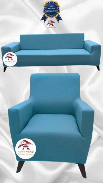 Mikro Kumaş Lastikli Giydirme Koltuk Örtüsü - Kaymaz Elastik Koltuk Koruyucu Mavi Renk 3+1 (2 Parça Set)