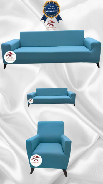 Mikro Kumaş Lastikli Giydirme Koltuk Örtüsü - Kaymaz Elastik Koltuk Koruyucu Mavi Renk 3+2+1 (3 Parça Set)