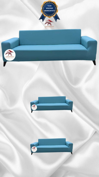 Mikro Kumaş Lastikli Giydirme Koltuk Örtüsü - Kaymaz Elastik Koltuk Koruyucu Mavi Renk 3+2+2 (3 Parça Set)