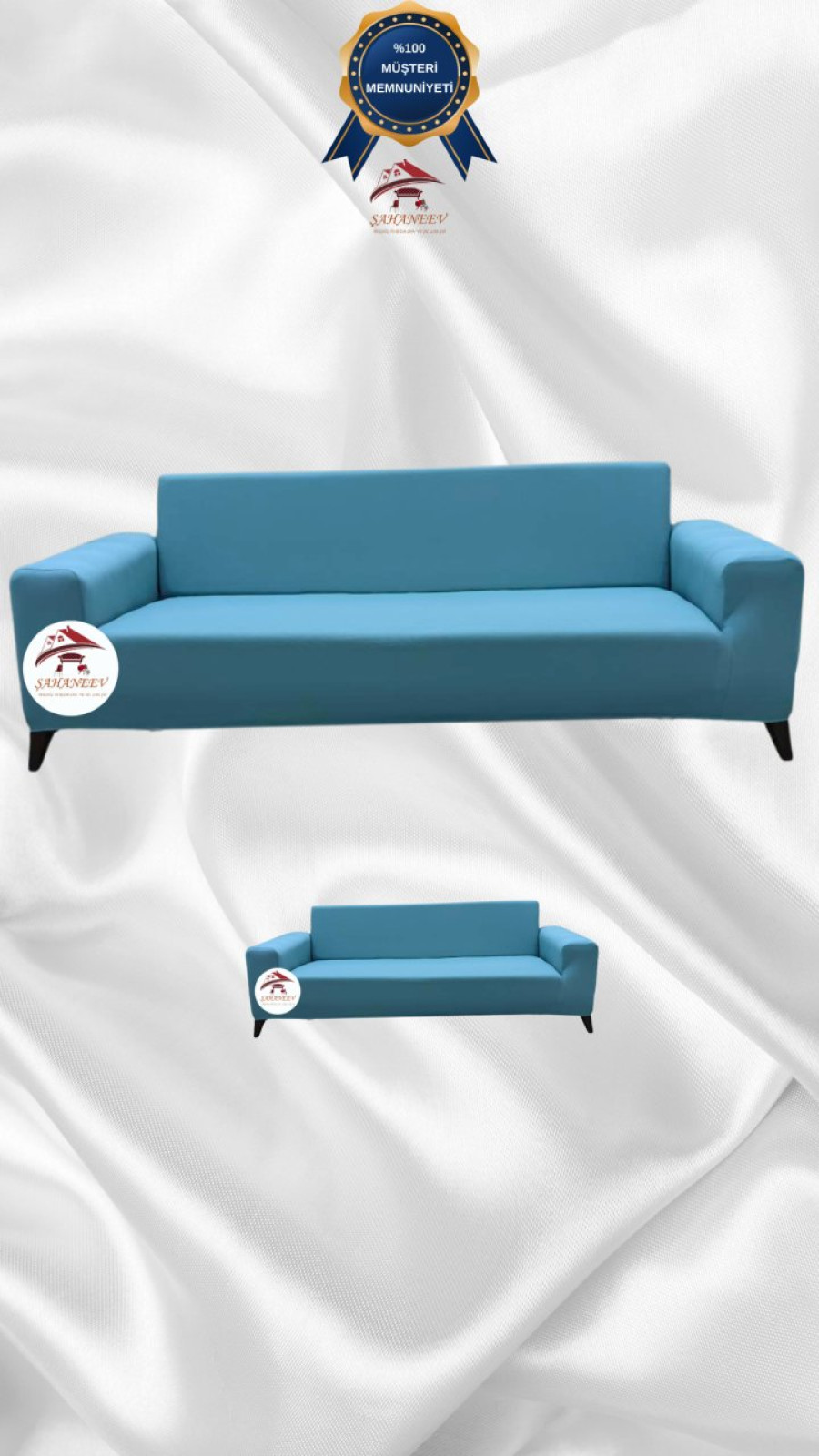 Mikro Kumaş Lastikli Giydirme Koltuk Örtüsü - Kaymaz Elastik Koltuk Koruyucu Mavi Renk 3+2 (2 Parça Set) Özel Ölçü