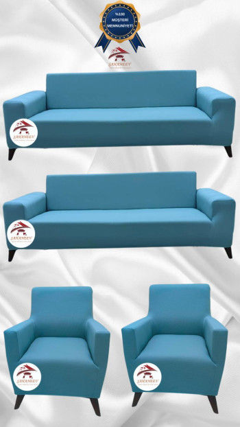 Mikro Kumaş Lastikli Giydirme Koltuk Örtüsü - Kaymaz Elastik Koltuk Koruyucu Mavi Renk 3+3+1+1 (4 Parça Set)