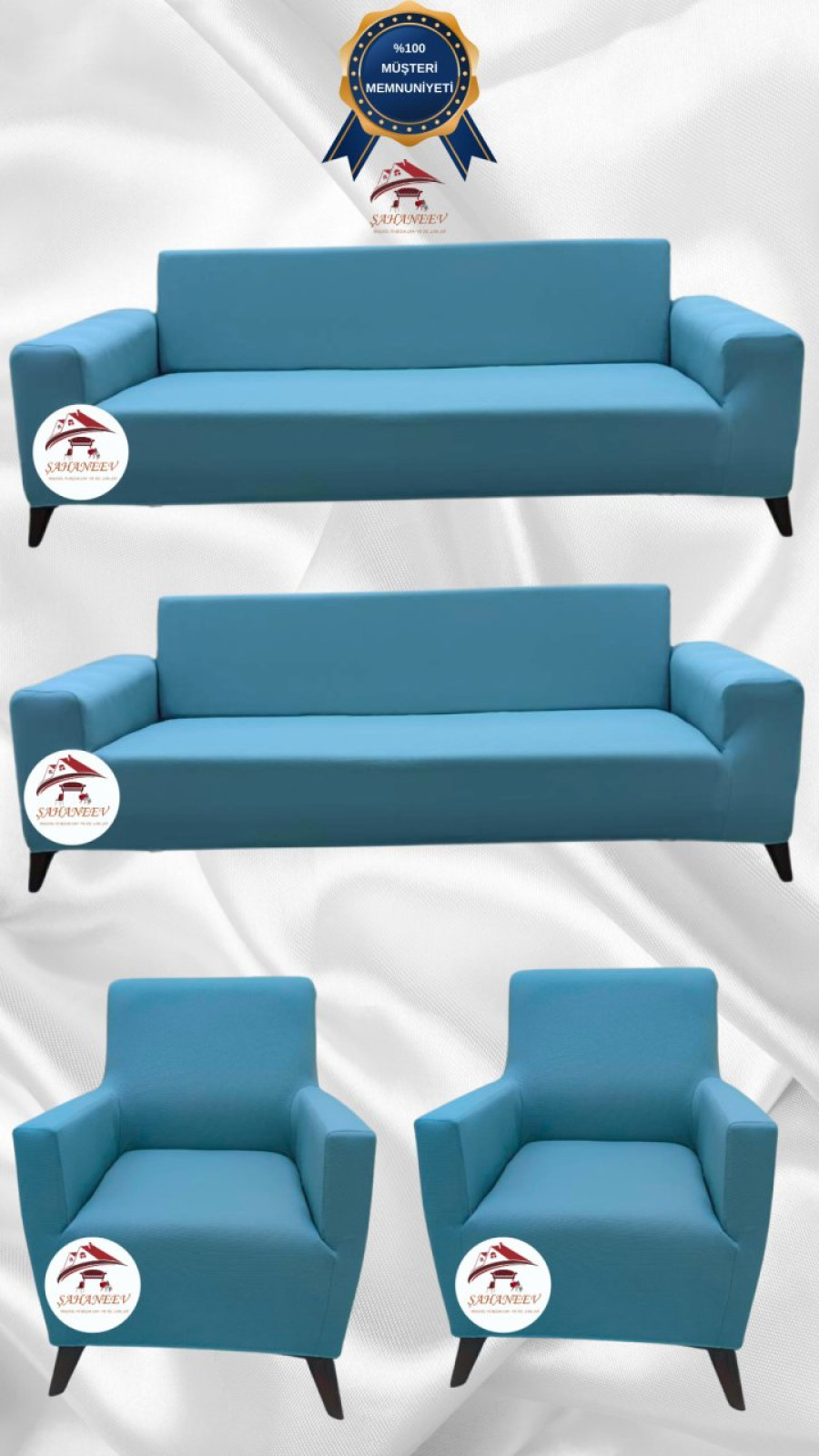 Mikro Kumaş Lastikli Giydirme Koltuk Örtüsü - Kaymaz Elastik Koltuk Koruyucu Mavi Renk 3+3+1+1 (4 Parça Set)