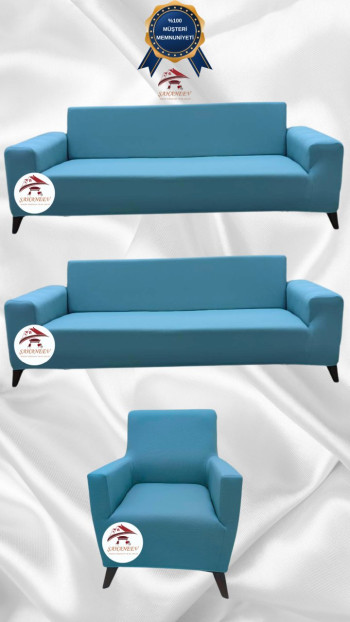 Mikro Kumaş Lastikli Giydirme Koltuk Örtüsü - Kaymaz Elastik Koltuk Koruyucu Mavi Renk 3+3+1 (3 Parça Set)