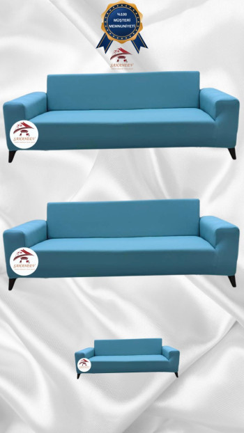 Mikro Kumaş Lastikli Giydirme Koltuk Örtüsü - Kaymaz Elastik Koltuk Koruyucu Mavi Renk 3+3+2 (3 Parça Set)