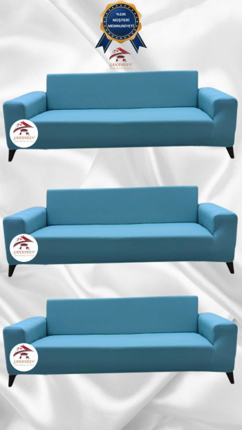 Mikro Kumaş Lastikli Giydirme Koltuk Örtüsü - Kaymaz Elastik Koltuk Koruyucu Mavi Renk 3+3+3 (3 Parça Set)