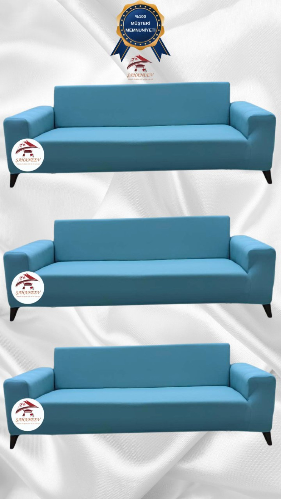 Mikro Kumaş Lastikli Giydirme Koltuk Örtüsü - Kaymaz Elastik Koltuk Koruyucu Mavi Renk 3+3+3 (3 Parça Set) Özel Ölçü