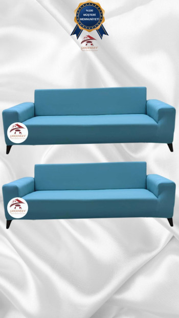 Mikro Kumaş Lastikli Giydirme Koltuk Örtüsü - Kaymaz Elastik Koltuk Koruyucu Mavi Renk 3+3 (2 Parça Set)