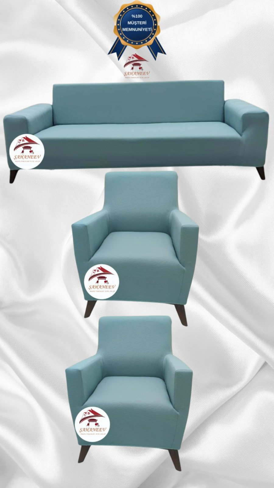 Mikro Kumaş Lastikli Giydirme Koltuk Örtüsü - Kaymaz Elastik Koltuk Koruyucu Mint Renk 3+1+1 (3 Parça Set)