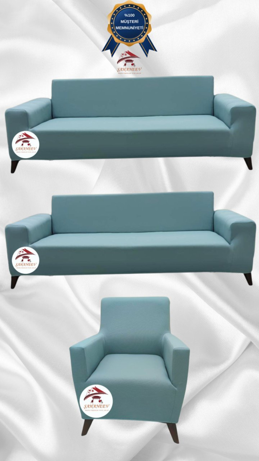 Mikro Kumaş Lastikli Giydirme Koltuk Örtüsü - Kaymaz Elastik Koltuk Koruyucu Mint Renk 3+3+1 (3 Parça Set)