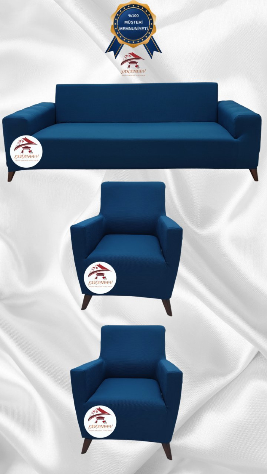 Mikro Kumaş Lastikli Giydirme Koltuk Örtüsü - Kaymaz Elastik Koltuk Koruyucu Petrol Renk 3+1+1 (3 Parça Set)