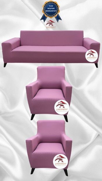 Mikro Kumaş Lastikli Giydirme Koltuk Örtüsü - Kaymaz Elastik Koltuk Koruyucu Pudra Renk 3+1+1 (3 Parça Set)