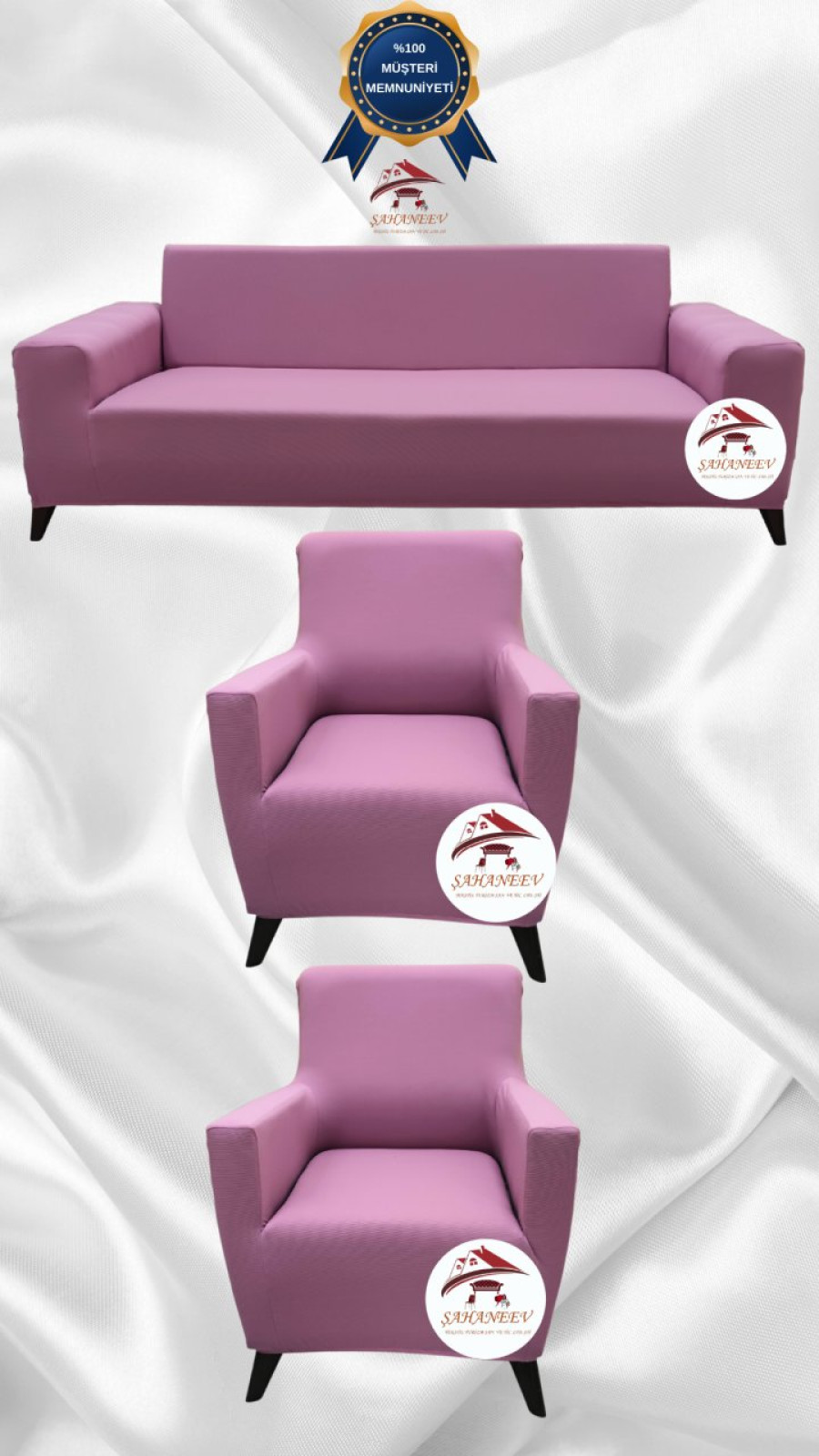 Mikro Kumaş Lastikli Giydirme Koltuk Örtüsü - Kaymaz Elastik Koltuk Koruyucu Pudra Renk 3+1+1 (3 Parça Set)