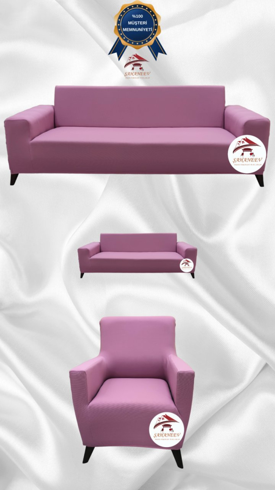 Mikro Kumaş Lastikli Giydirme Koltuk Örtüsü - Kaymaz Elastik Koltuk Koruyucu Pudra Renk 3+2+1 (3 Parça Set)