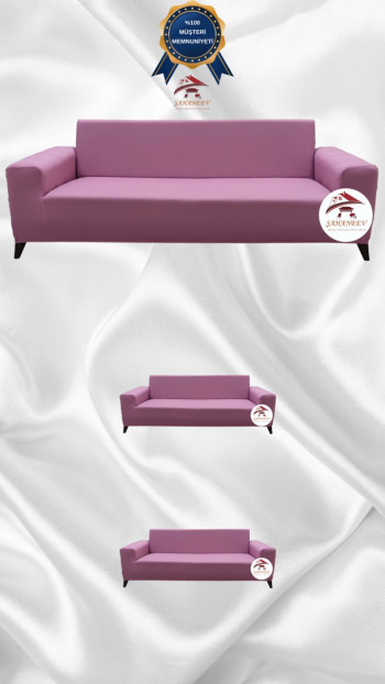 Mikro Kumaş Lastikli Giydirme Koltuk Örtüsü - Kaymaz Elastik Koltuk Koruyucu Pudra Renk 3+2+2 (3 Parça Set)