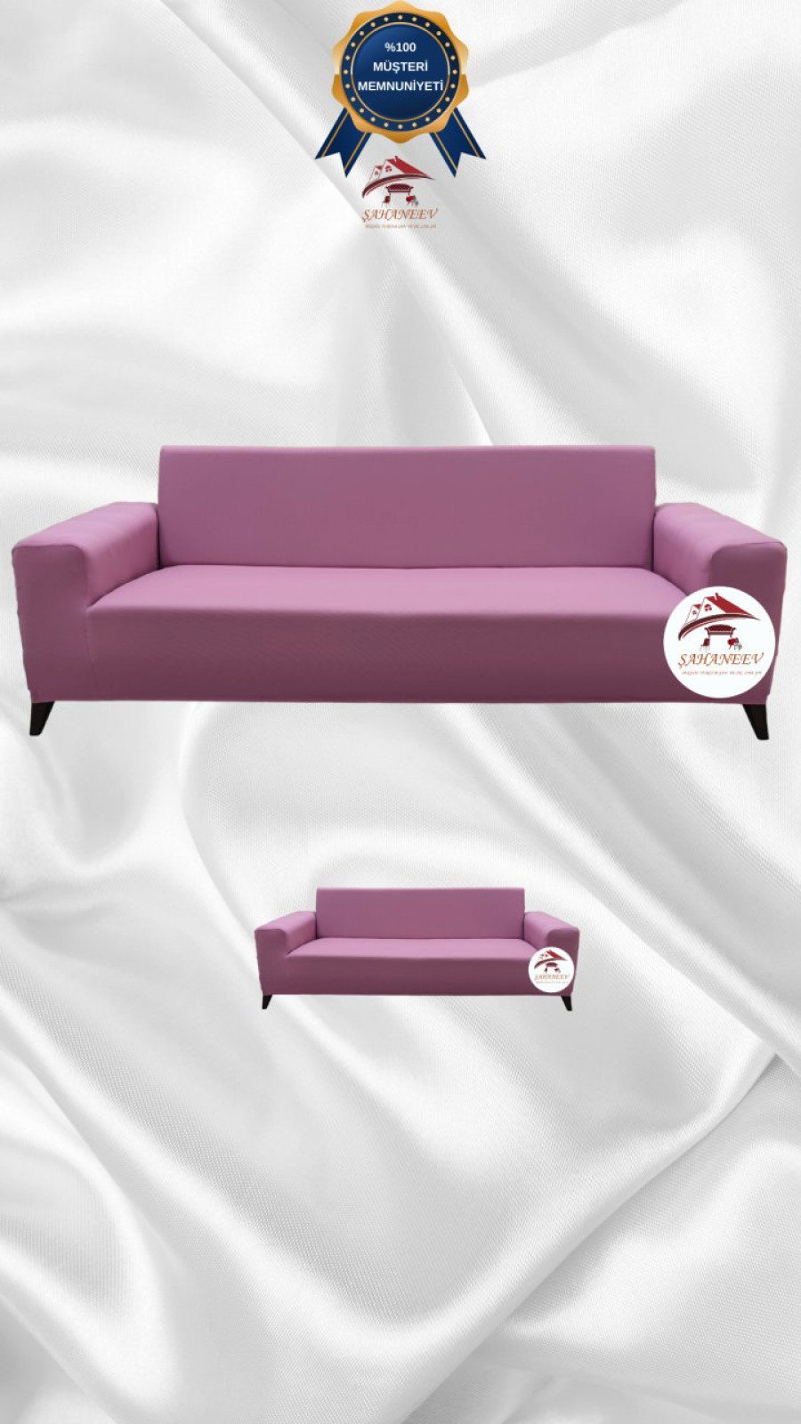 Mikro Kumaş Lastikli Giydirme Koltuk Örtüsü - Kaymaz Elastik Koltuk Koruyucu Pudra Renk 3+2 (2 Parça Set)