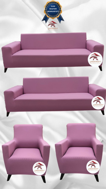 Mikro Kumaş Lastikli Giydirme Koltuk Örtüsü - Kaymaz Elastik Koltuk Koruyucu Pudra Renk 3+3+1+1 (4 Parça Set)