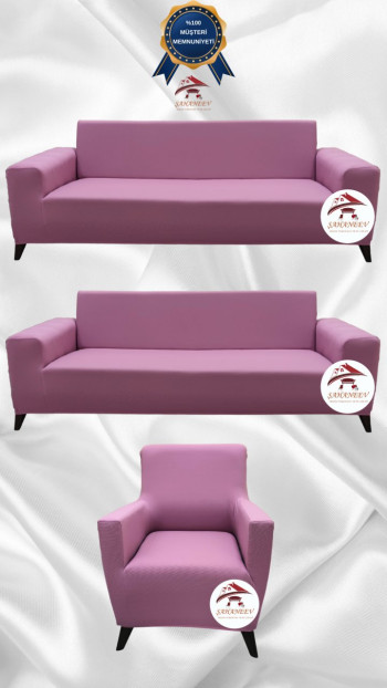 Mikro Kumaş Lastikli Giydirme Koltuk Örtüsü - Kaymaz Elastik Koltuk Koruyucu Pudra Renk 3+3+1 (3 Parça Set)