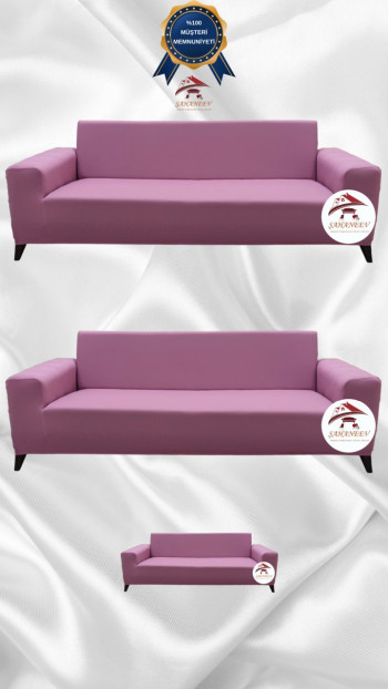 Mikro Kumaş Lastikli Giydirme Koltuk Örtüsü - Kaymaz Elastik Koltuk Koruyucu Pudra Renk 3+3+2 (3 Parça Set)