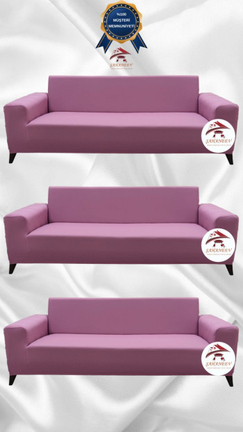 Mikro Kumaş Lastikli Giydirme Koltuk Örtüsü - Kaymaz Elastik Koltuk Koruyucu Pudra Renk 3+3+3 (3 Parça Set)