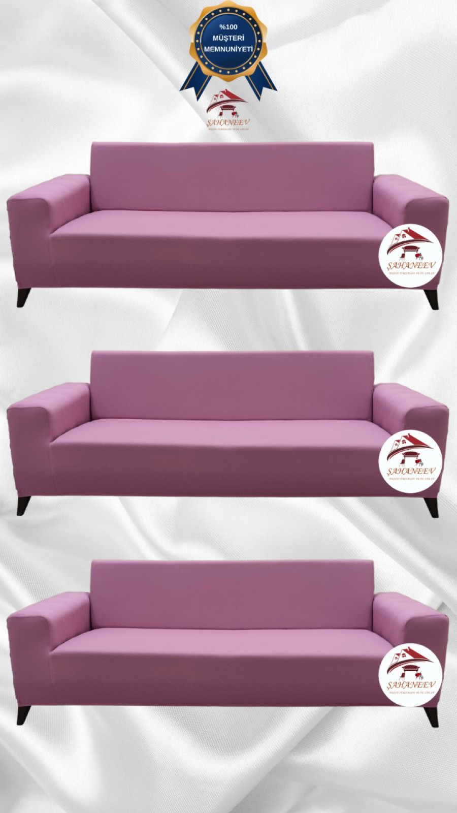 Mikro Kumaş Lastikli Giydirme Koltuk Örtüsü - Kaymaz Elastik Koltuk Koruyucu Pudra Renk 3+3+3 (3 Parça Set)