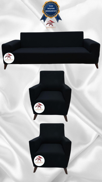 Mikro Kumaş Lastikli Giydirme Koltuk Örtüsü - Kaymaz Elastik Koltuk Koruyucu Siyah Renk 3+1+1 (3 Parça Set)