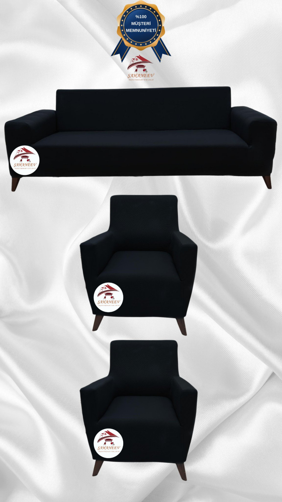 Mikro Kumaş Lastikli Giydirme Koltuk Örtüsü - Kaymaz Elastik Koltuk Koruyucu Siyah Renk 3+1+1 (3 Parça Set) Özel Ölçü