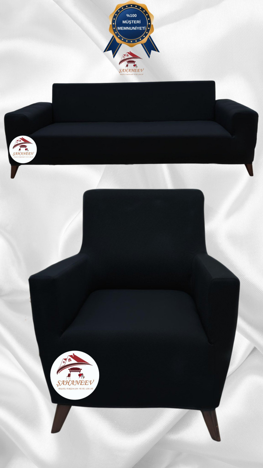 Mikro Kumaş Lastikli Giydirme Koltuk Örtüsü - Kaymaz Elastik Koltuk Koruyucu Siyah Renk 3+1 (2 Parça Set)