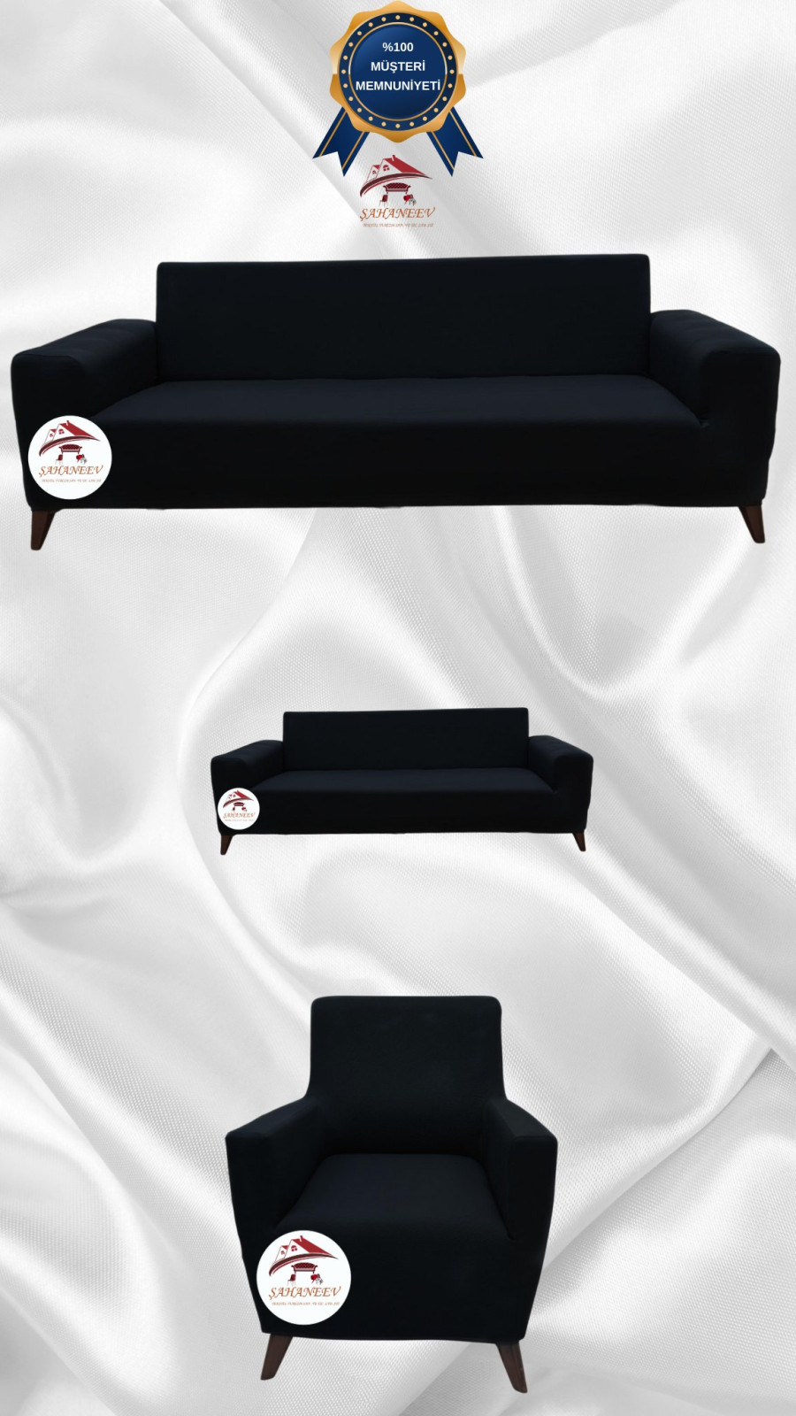 Mikro Kumaş Lastikli Giydirme Koltuk Örtüsü - Kaymaz Elastik Koltuk Koruyucu Siyah Renk 3+2+1 (3 Parça Set) Özel Ölçü