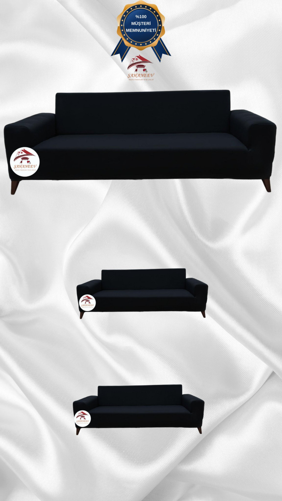 Mikro Kumaş Lastikli Giydirme Koltuk Örtüsü - Kaymaz Elastik Koltuk Koruyucu Siyah Renk 3+2+2 (3 Parça Set)