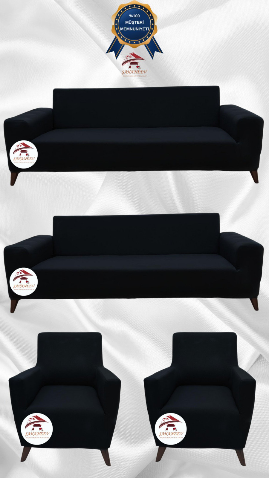 Mikro Kumaş Lastikli Giydirme Koltuk Örtüsü - Kaymaz Elastik Koltuk Koruyucu Siyah Renk 3+3+1+1 (4 Parça Set) Özel Ölçü