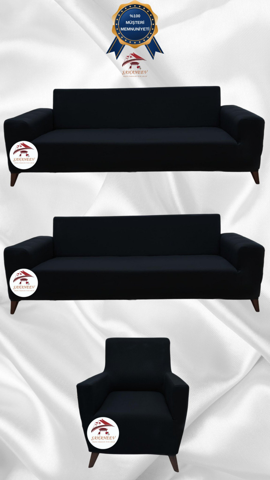 Mikro Kumaş Lastikli Giydirme Koltuk Örtüsü - Kaymaz Elastik Koltuk Koruyucu Siyah Renk 3+3+1 (3 Parça Set)