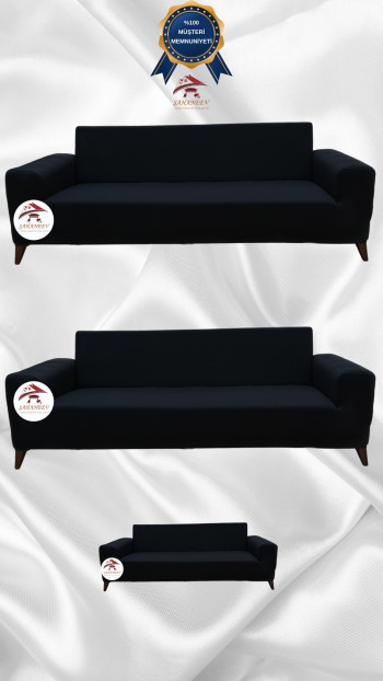 Mikro Kumaş Lastikli Giydirme Koltuk Örtüsü - Kaymaz Elastik Koltuk Koruyucu Siyah Renk 3+3+2 (3 Parça Set)