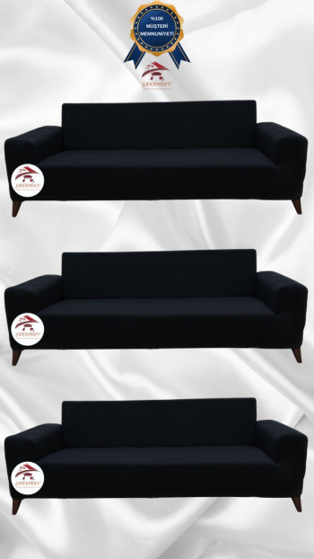 Mikro Kumaş Lastikli Giydirme Koltuk Örtüsü - Kaymaz Elastik Koltuk Koruyucu Siyah Renk 3+3+3 (3 Parça Set)