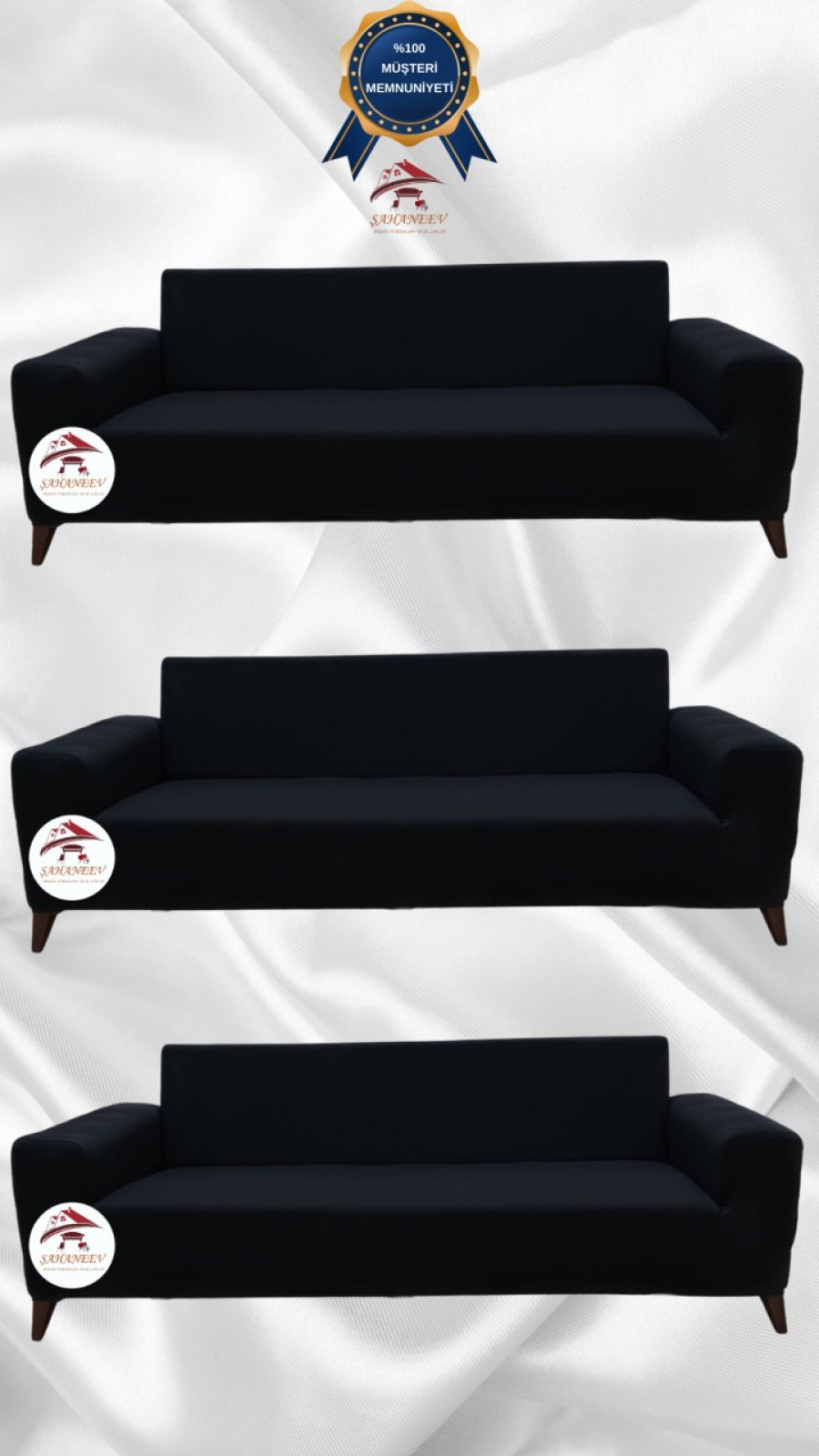 Mikro Kumaş Lastikli Giydirme Koltuk Örtüsü - Kaymaz Elastik Koltuk Koruyucu Siyah Renk 3+3+3 (3 Parça Set) Özel Ölçü