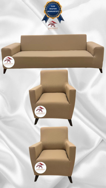 Mikro Kumaş Lastikli Giydirme Koltuk Örtüsü - Kaymaz Elastik Koltuk Koruyucu Sütlü Kahve Renk 3+1+1 (3 Parça Set)