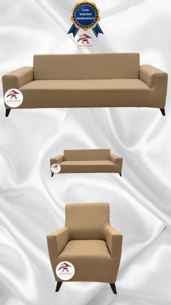 Mikro Kumaş Lastikli Giydirme Koltuk Örtüsü - Kaymaz Elastik Koltuk Koruyucu Sütlü Kahve Renk 3+2+1 (3 Parça Set)