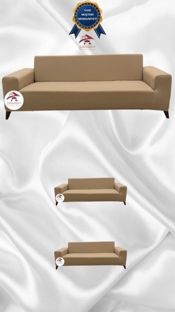 Mikro Kumaş Lastikli Giydirme Koltuk Örtüsü - Kaymaz Elastik Koltuk Koruyucu Sütlü Kahve Renk 3+2+2 (3 Parça Set)