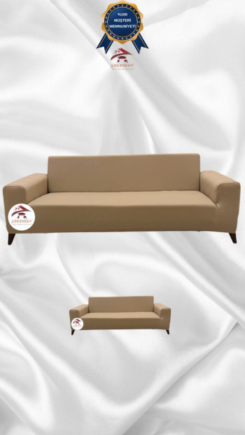 Mikro Kumaş Lastikli Giydirme Koltuk Örtüsü - Kaymaz Elastik Koltuk Koruyucu Sütlü Kahve Renk 3+2 (2 Parça Set)