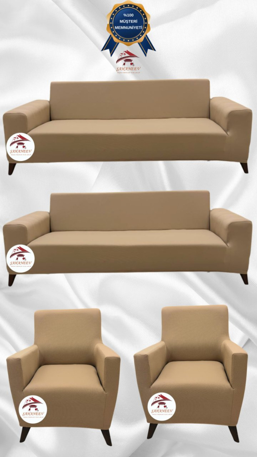Mikro Kumaş Lastikli Giydirme Koltuk Örtüsü - Kaymaz Elastik Koltuk Koruyucu Sütlü Kahve Renk 3+3+1+1 (4 Parça Set) Özel Ölçü